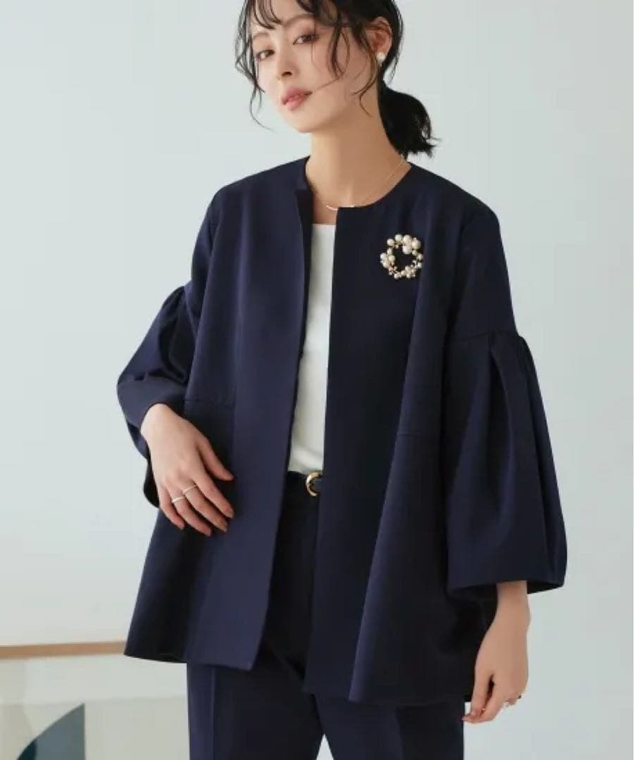 新品＊ルイルエブティック完売品ノーカラーフレアースリーブジャケットのみMネイビー