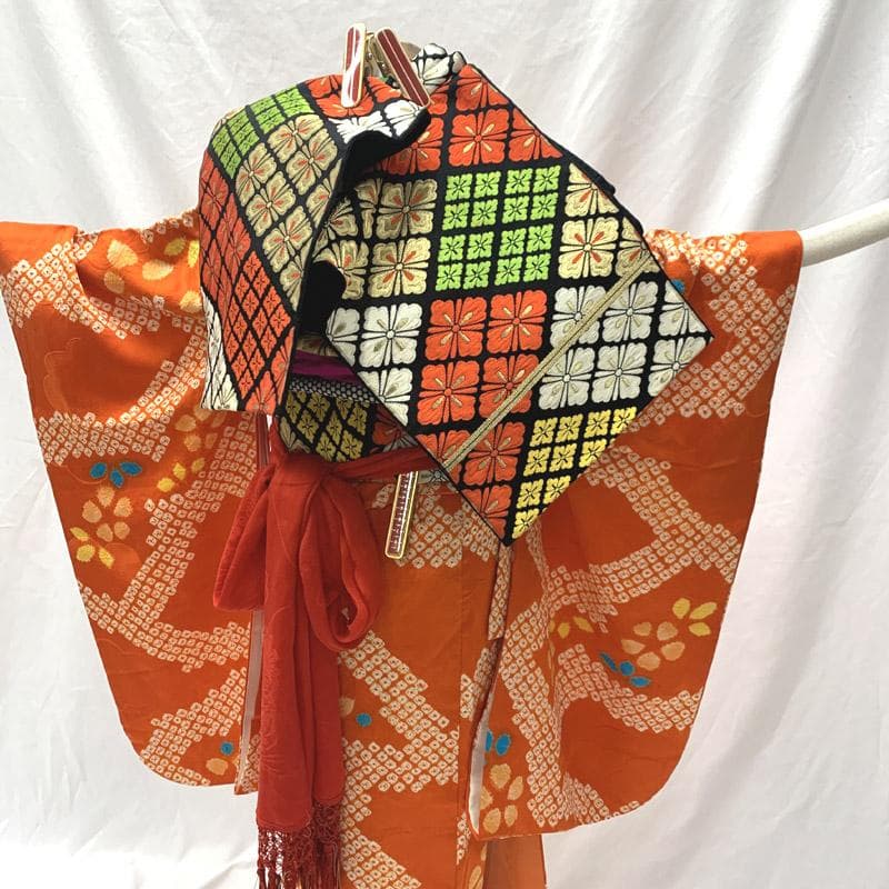 511ag63■七五三 七歳 女児 絞り染 着物&袋帯 オレンジ■状態良好