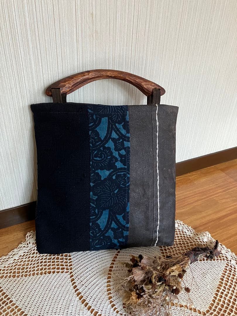 柿渋染め酒袋庄内刺し子型染め古布手彫り木製持ち手トートバッグ手作りリメイク