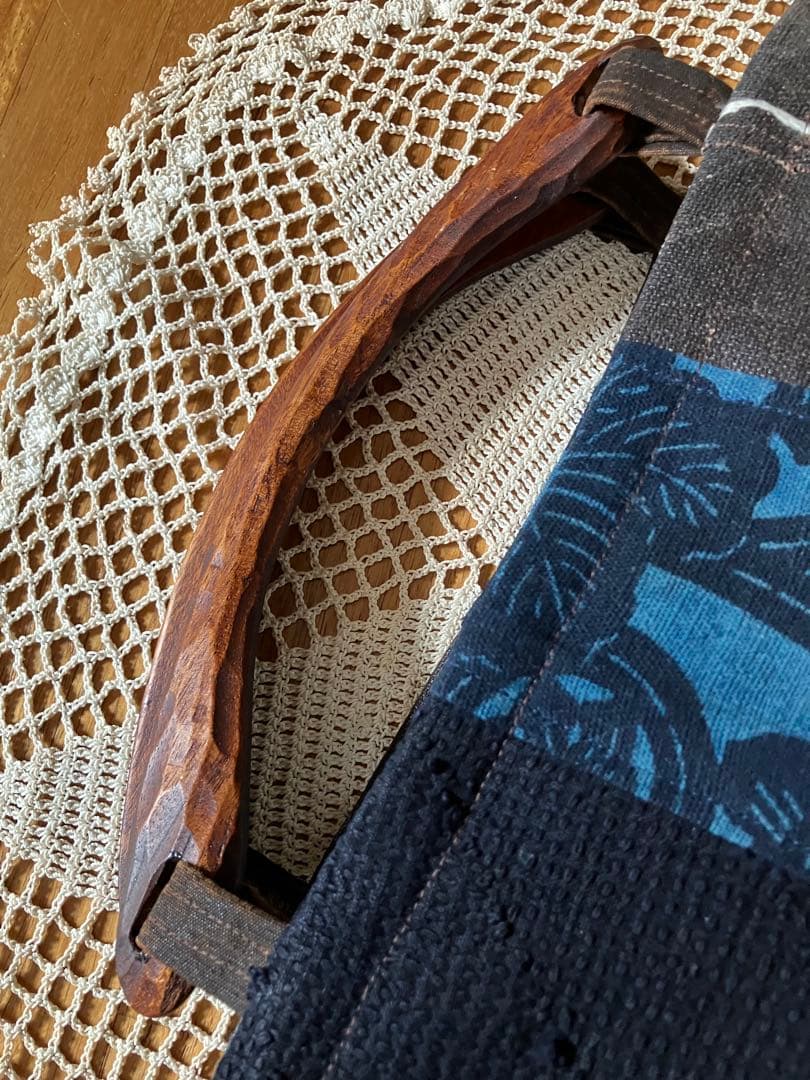 柿渋染め酒袋庄内刺し子型染め古布手彫り木製持ち手トートバッグ手作りリメイク