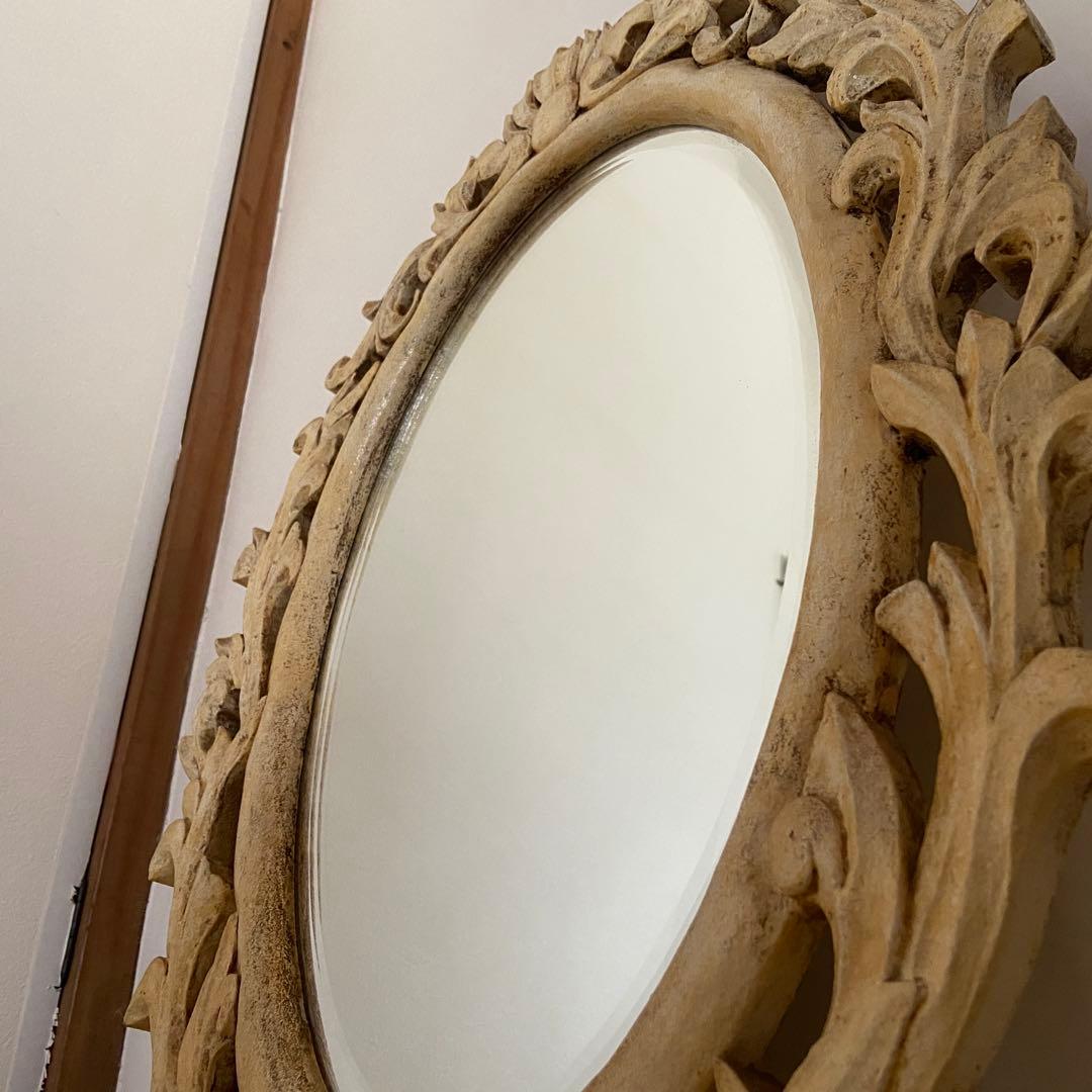 アンティーク　楕円形　壁掛け鏡　ミラー　彫刻