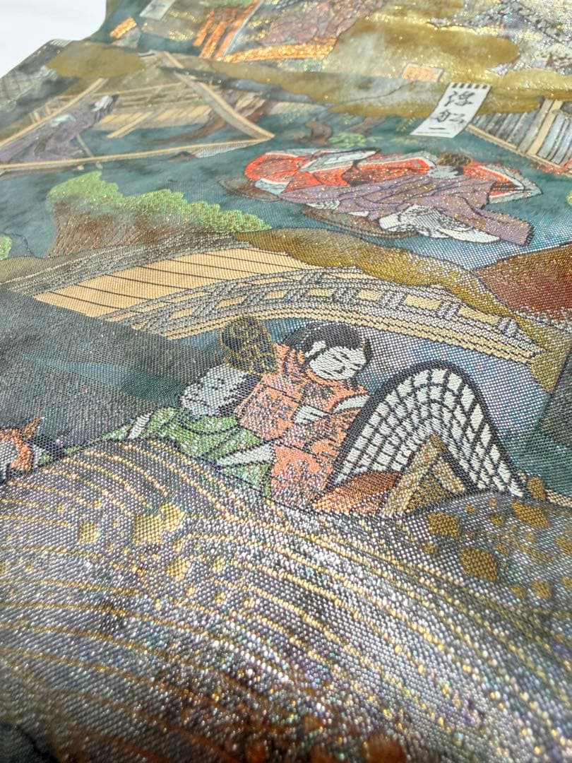 美品 高級 袋帯 正絹 全通柄 リバーシブル 両面 名門西陣 あさぎ フォーマル