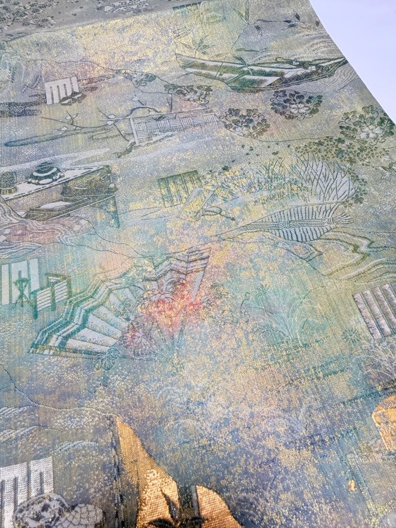 美品 高級 袋帯 正絹 全通柄 リバーシブル 両面 名門西陣 あさぎ フォーマル