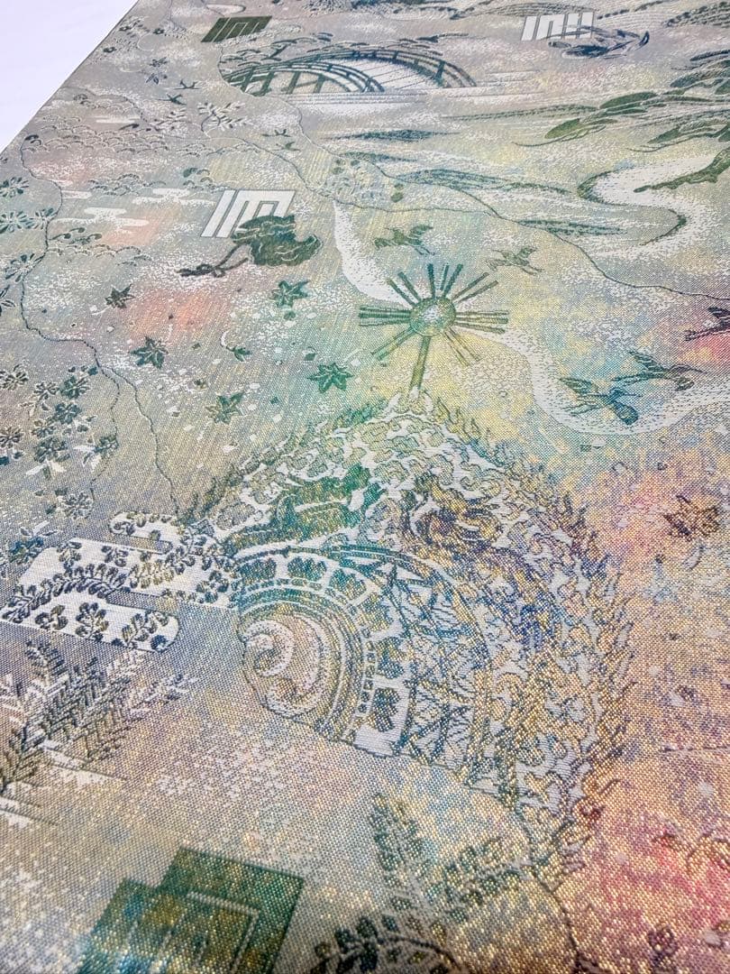 美品 高級 袋帯 正絹 全通柄 リバーシブル 両面 名門西陣 あさぎ フォーマル