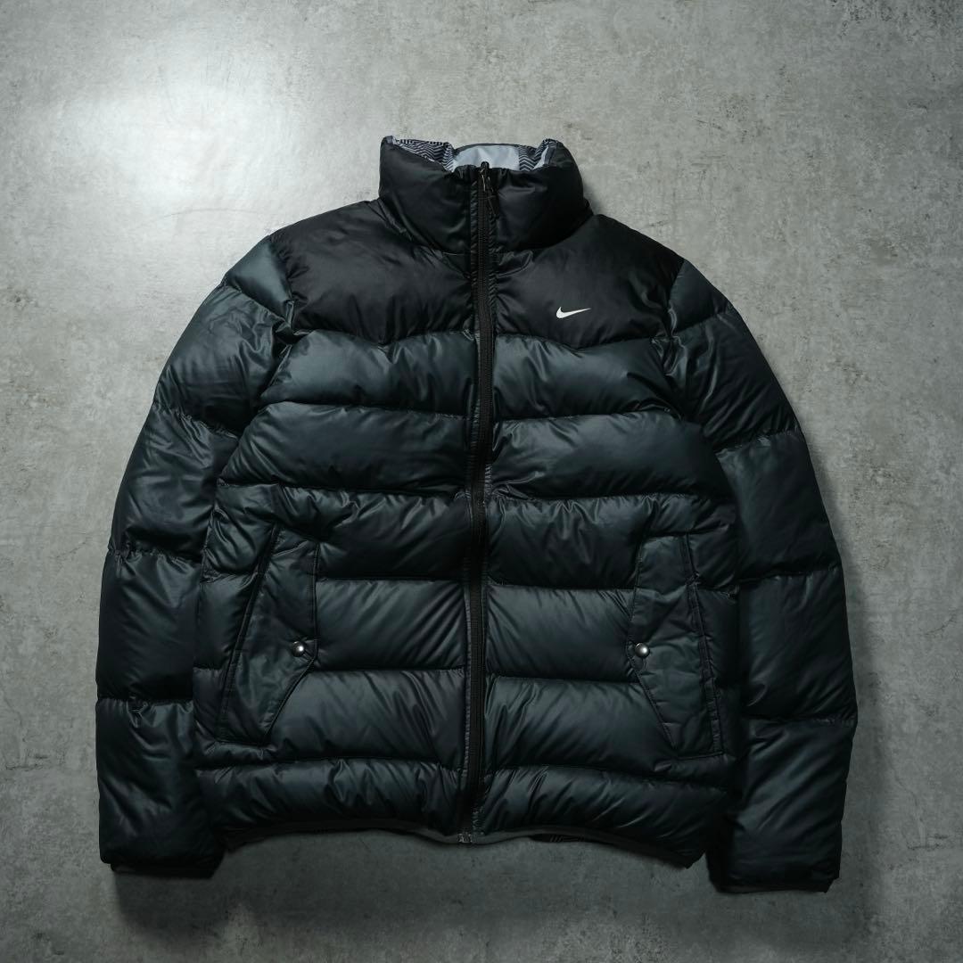 00s NIKE 肉厚ダウンジャケット リバーシブル ブラック チェック柄 短丈