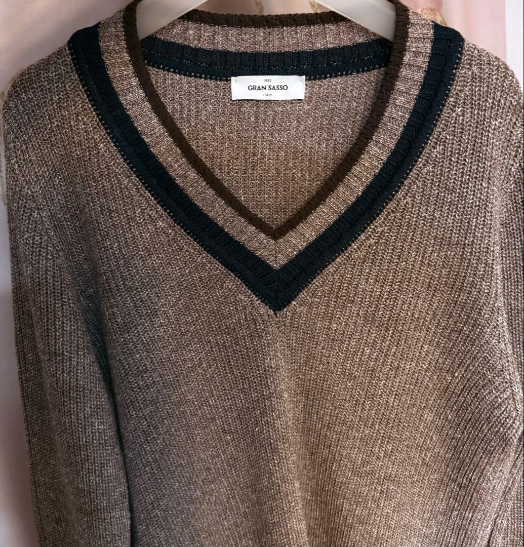 グランサッソ ローゲージ コットンリネン Vネック チルデンニット ブラウン