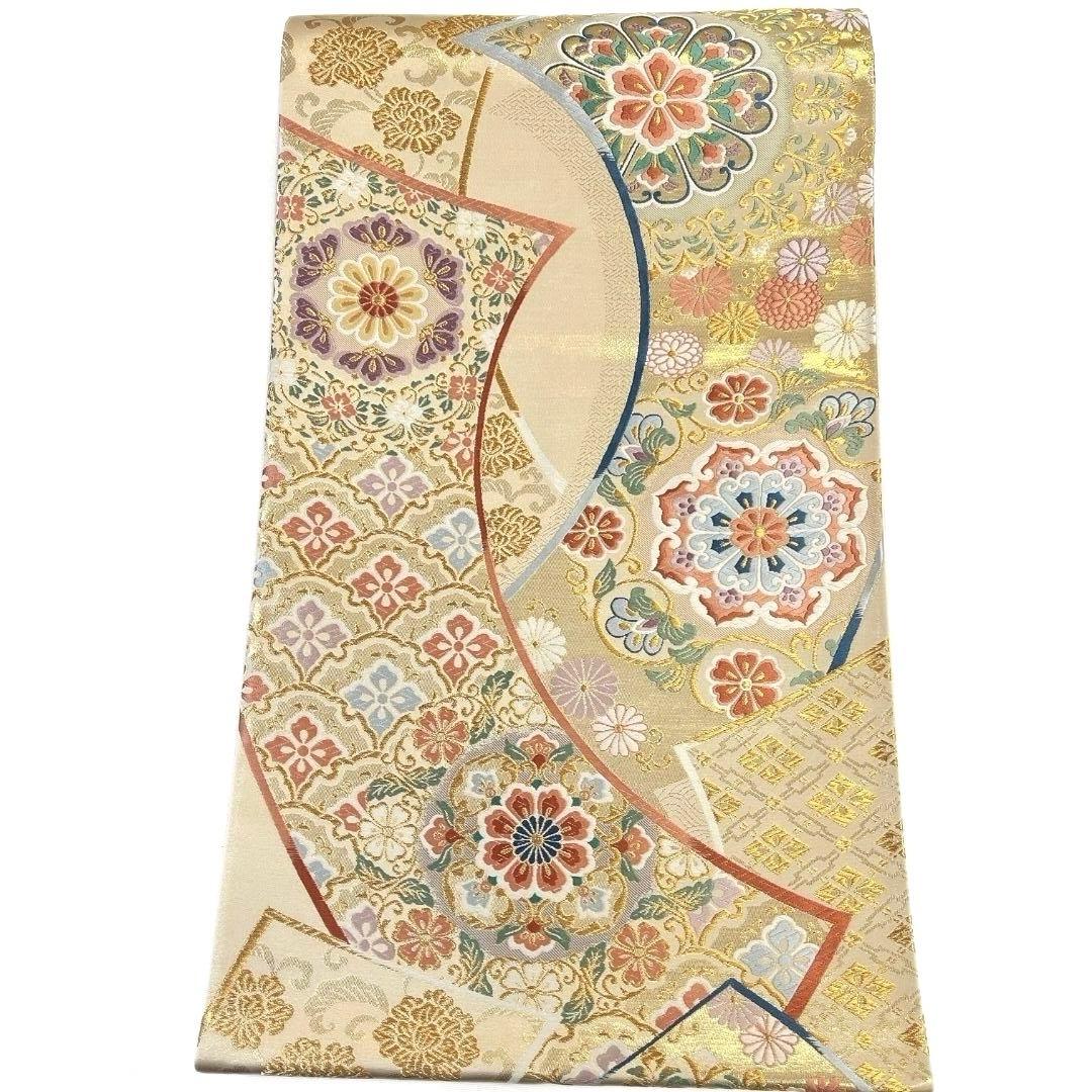 袋帯　華紋　菊花　雪輪青海波　花菱　唐花　金糸　着物　082a u