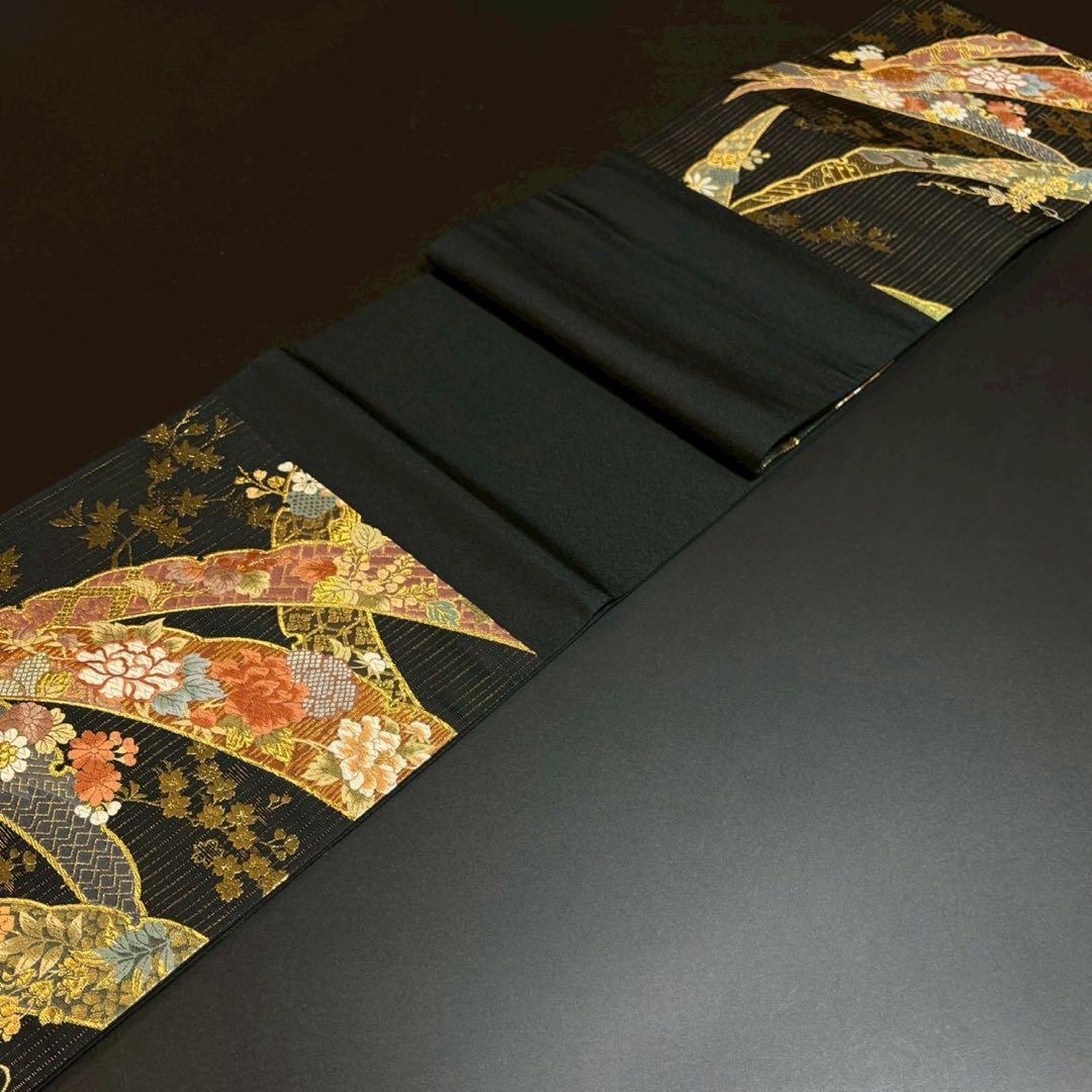 ［6157］袋帯 美品 寛文繍箔 露芝花 唐織 六通 正絹 着物 フォーマル 黒