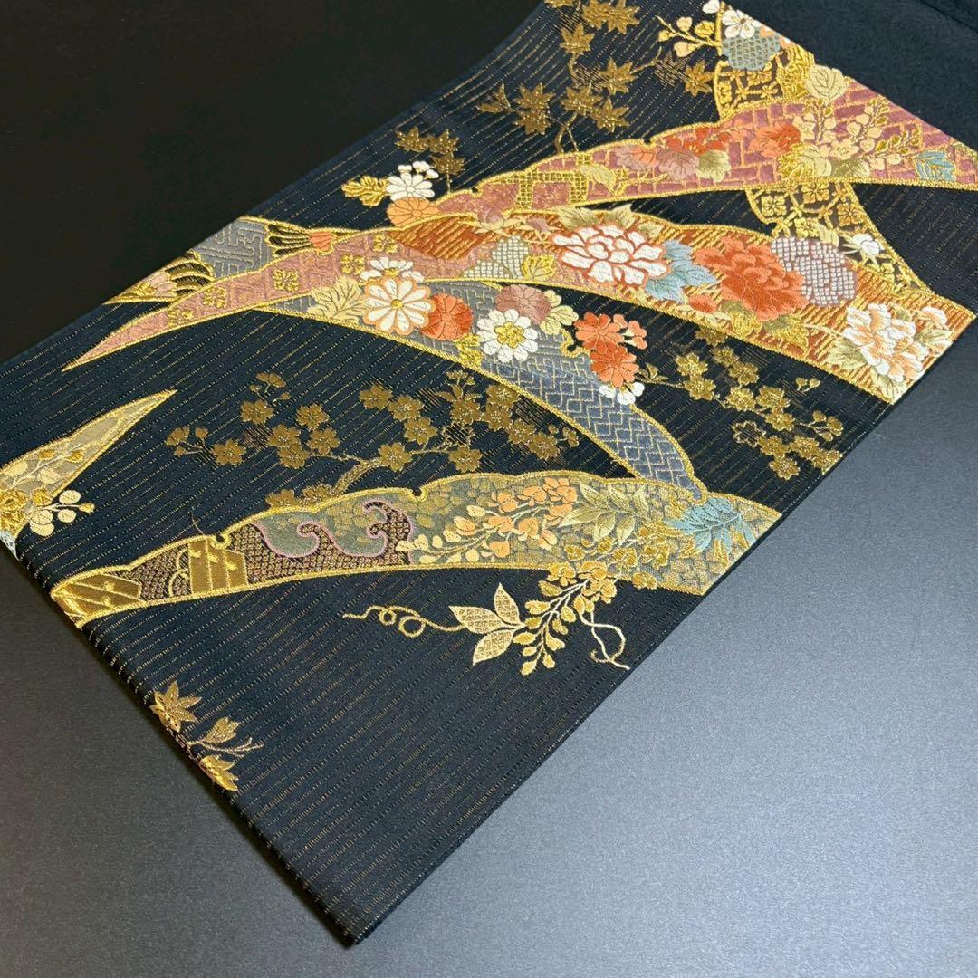 ［6157］袋帯 美品 寛文繍箔 露芝花 唐織 六通 正絹 着物 フォーマル 黒