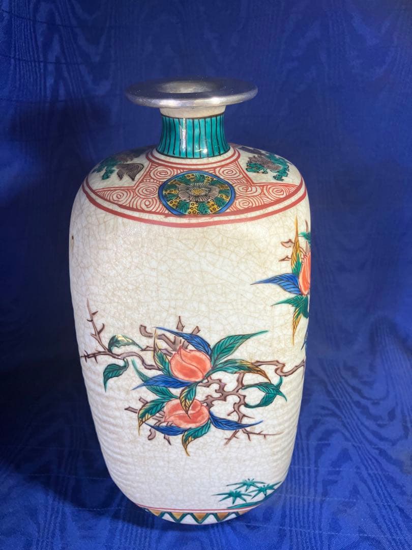 九谷焼　色絵花瓶　角福　花鳥図角型花瓶　銀修理品　レア　骨董品