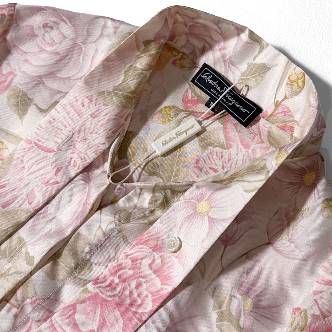 サルヴァトーレフェラガモ 花柄 シルク ボウタイ 長袖 シャツ 絹 38 ピンク