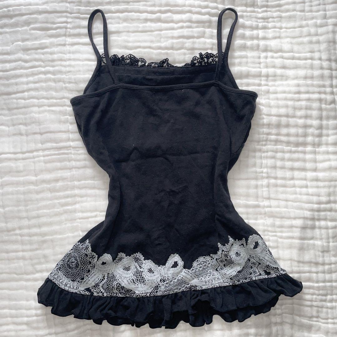 00s 希少 putumayo リボン異素材切り替えプリントフリルキャミ v系