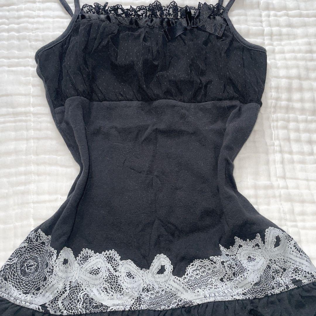 00s 希少 putumayo リボン異素材切り替えプリントフリルキャミ v系