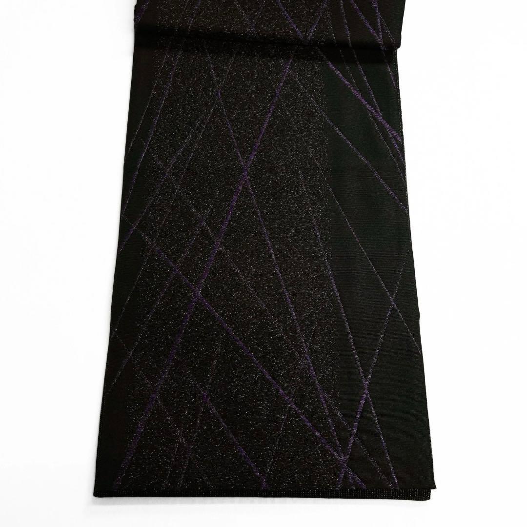 袋帯　幾何学模様　黒地　紫　銀通し　全通　着物　075w d