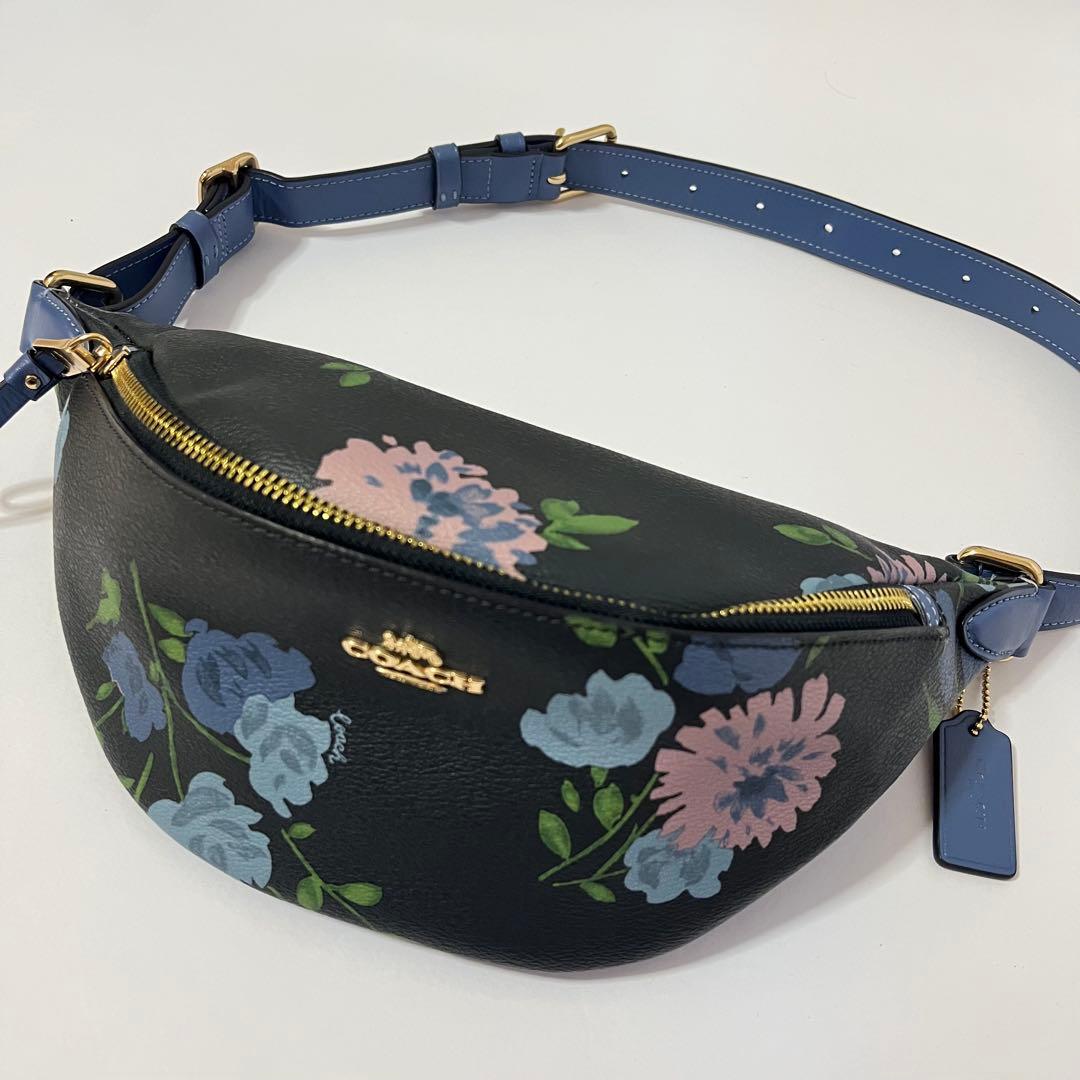 希少✨極美品✨コーチ　ボディバッグ　ウエスト　フローラル　花柄　レザー　濃紺