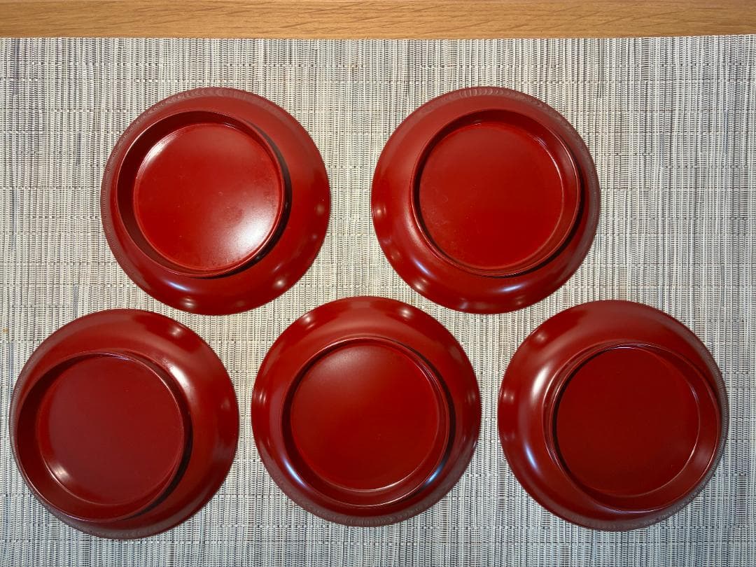 084越前塗 光琳堂 椿皿 ５枚セット 古代朱/高台皿/銘々皿/本漆塗