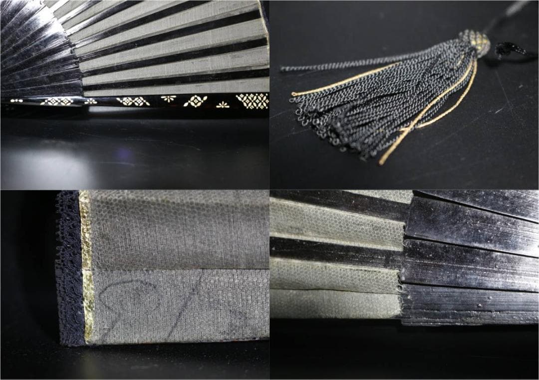 扇子 中国 螺鈿細工 古い 刺繍 孔雀 桜 シノワズリ ブラック