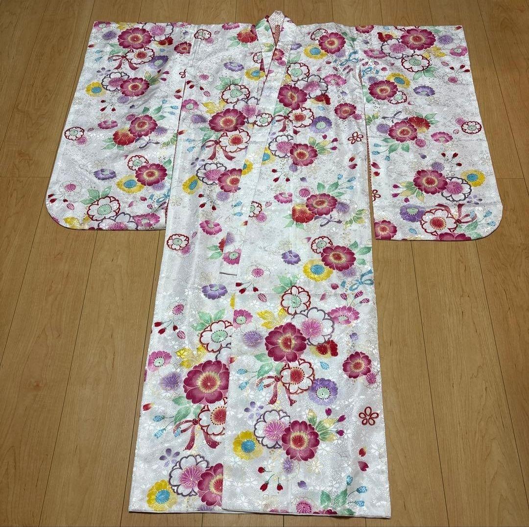 7歳 七五三着物セット　和装小物　結び帯　白着物　桜　七五三　着物