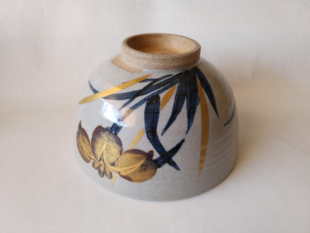 膳所焼 淡海ぜぜ 陽炎園 岩崎新定 金彩 菖蒲ノ絵 茶碗 共箱 共布 栞 美品