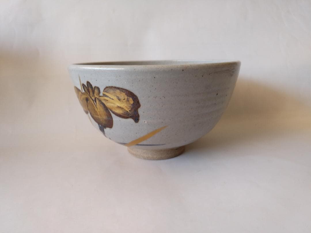 膳所焼 淡海ぜぜ 陽炎園 岩崎新定 金彩 菖蒲ノ絵 茶碗 共箱 共布 栞 美品