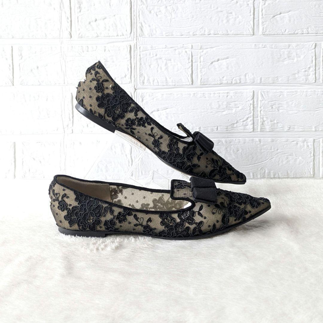 ✨人気✨JIMMY CHOO 総レース フラットシューズ フラワー 刺繍 黒