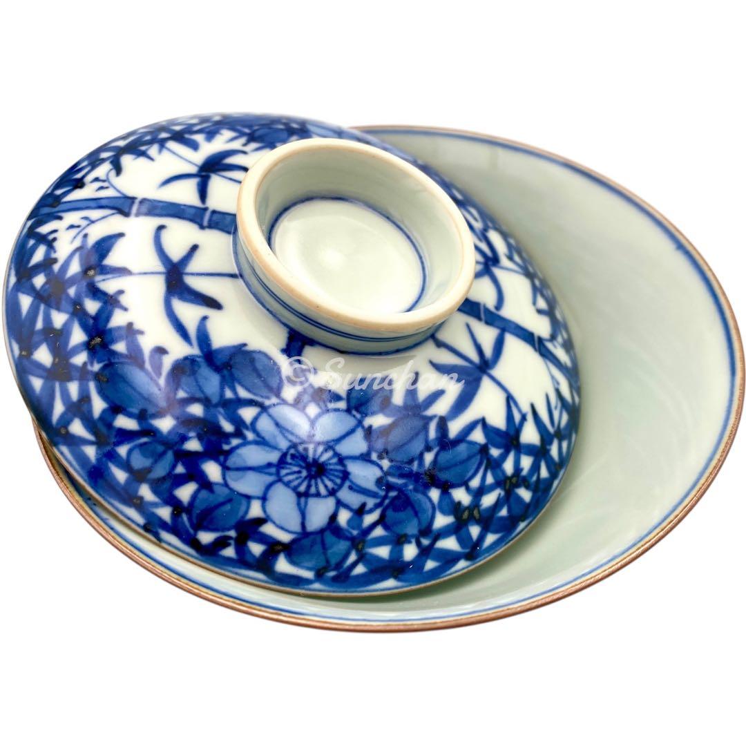 【未使用品】 京焼 清水焼 青葉花鳥 平安博峰作 蓋付き飯茶碗 夫婦茶碗 共箱付