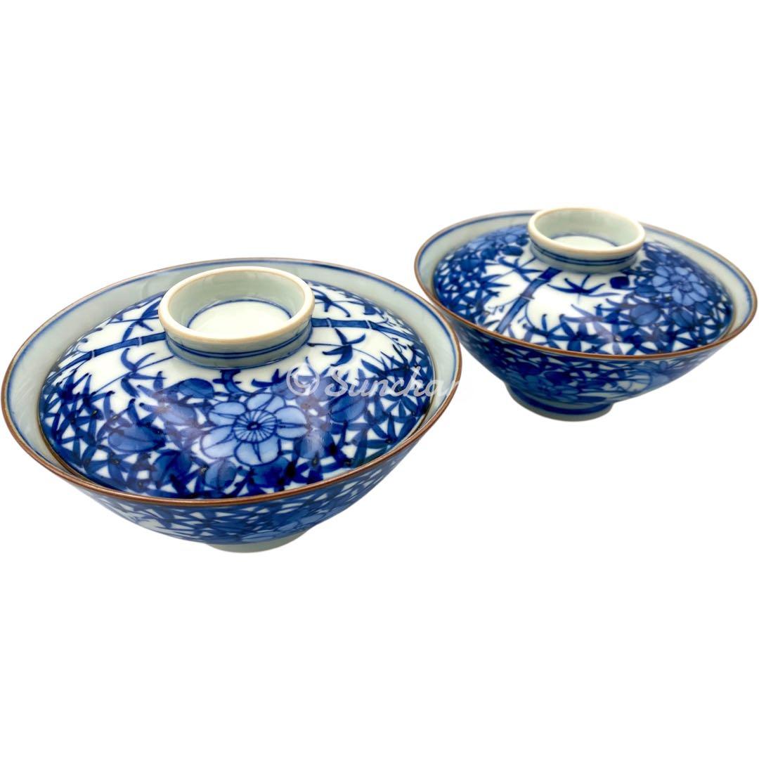 【未使用品】 京焼 清水焼 青葉花鳥 平安博峰作 蓋付き飯茶碗 夫婦茶碗 共箱付