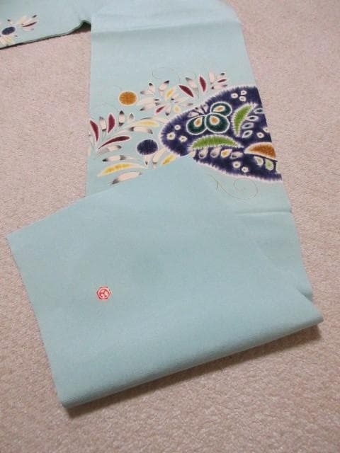 名古屋帯：美品：辻が花・菖蒲・ドット・葉っぱ：ミントブルー：正絹縮緬：P37