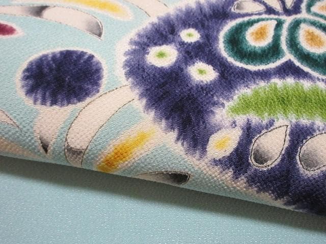 名古屋帯：美品：辻が花・菖蒲・ドット・葉っぱ：ミントブルー：正絹縮緬：P37