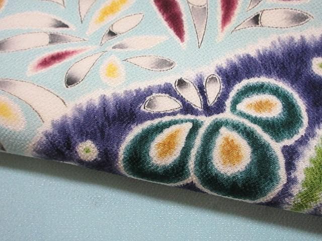 名古屋帯：美品：辻が花・菖蒲・ドット・葉っぱ：ミントブルー：正絹縮緬：P37
