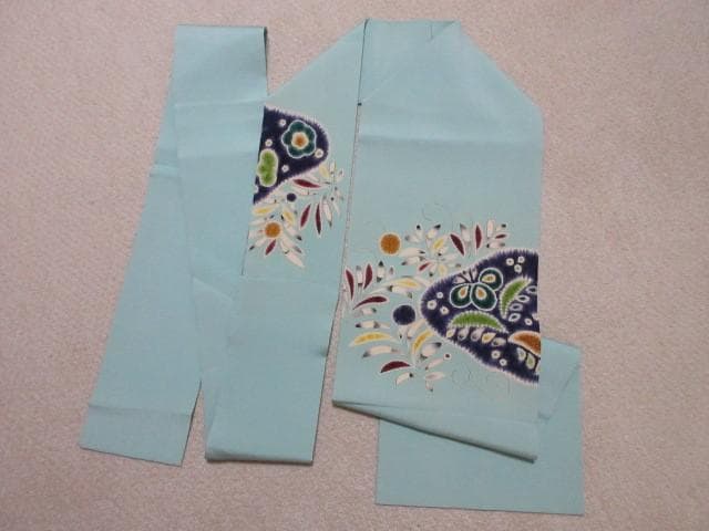 名古屋帯：美品：辻が花・菖蒲・ドット・葉っぱ：ミントブルー：正絹縮緬：P37