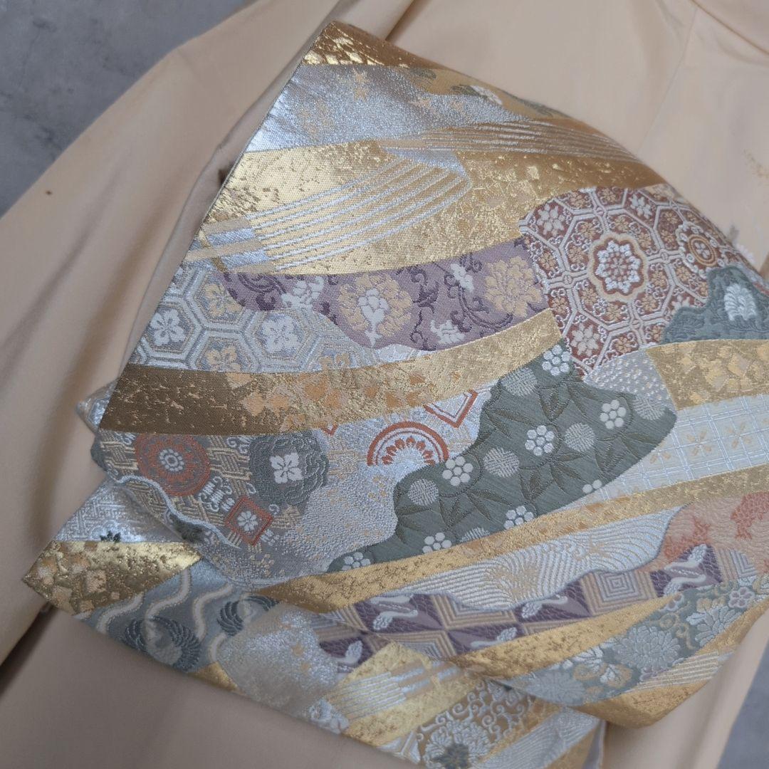 訪問着　フルセット　着物　正絹　金彩加工　鶴草花　金駒刺繍　寿　豪華　O8