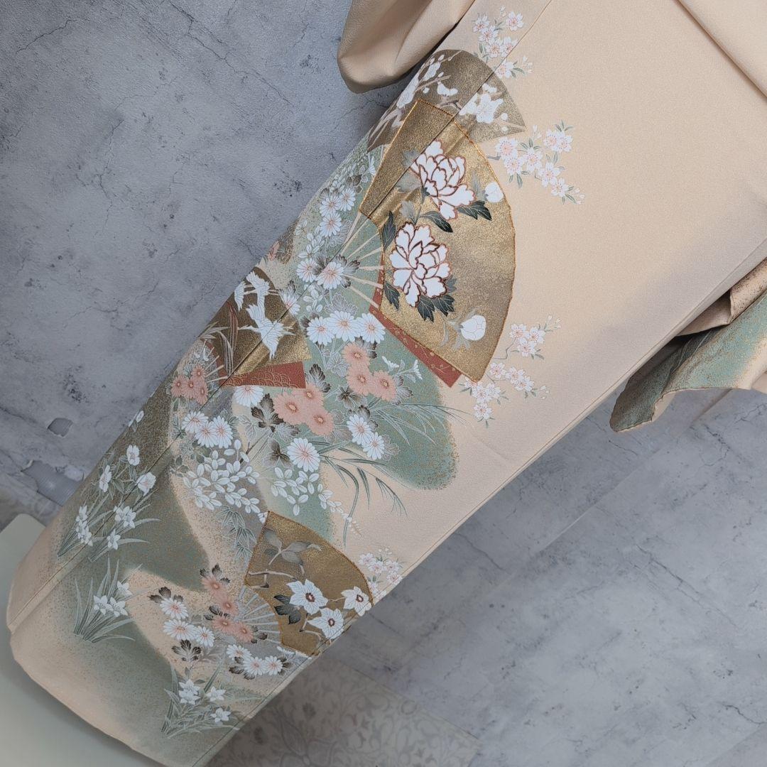 訪問着　フルセット　着物　正絹　金彩加工　鶴草花　金駒刺繍　寿　豪華　O8