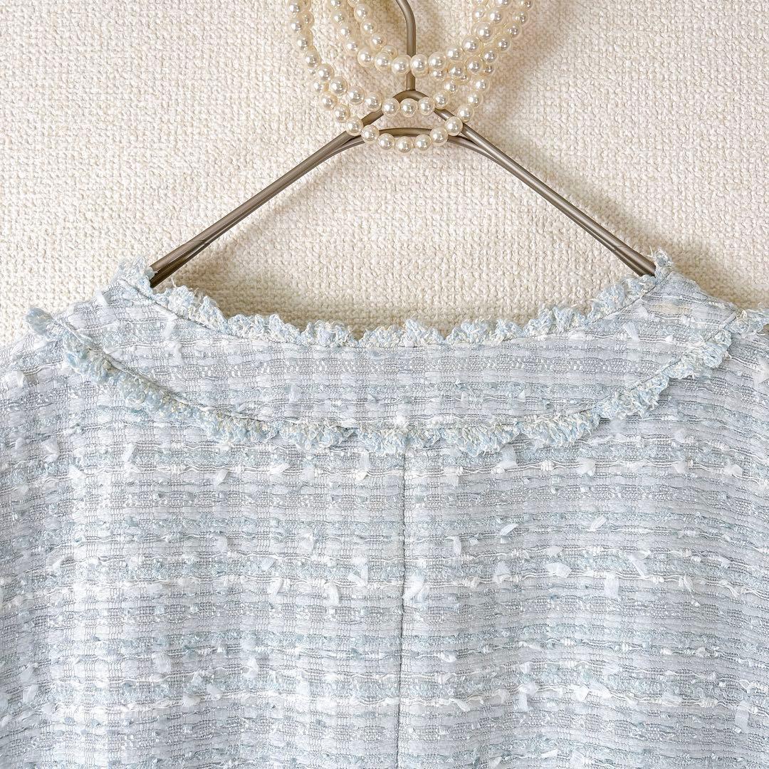 高級✨TO BE CHIC ノーカラー ツイードワンピース 水色 42 L〜XL