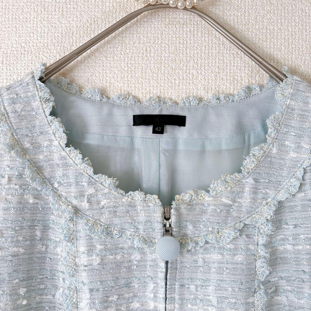 高級✨TO BE CHIC ノーカラー ツイードワンピース 水色 42 L〜XL