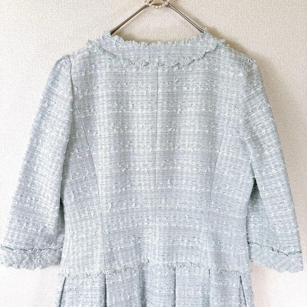 高級✨TO BE CHIC ノーカラー ツイードワンピース 水色 42 L〜XL