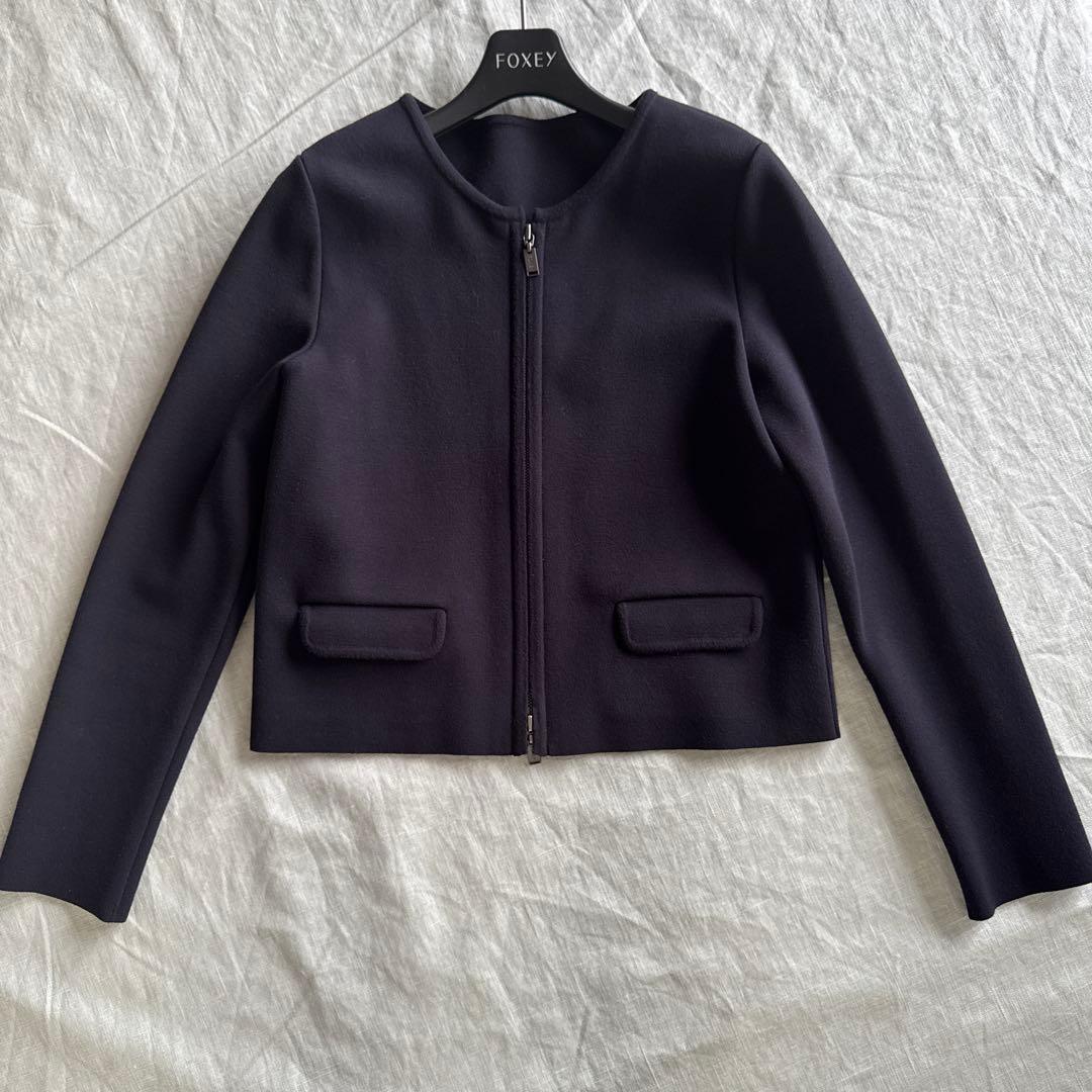 フォクシー　Foxey ノーカラージャケット　ネイビー 38 美品