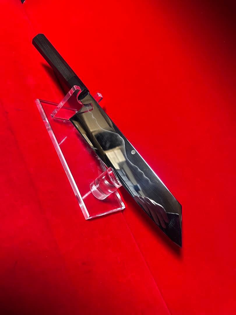 01574 包丁　切付　水本焼　富士山満月浮波　鏡面仕上げ　錆止めフィルム付