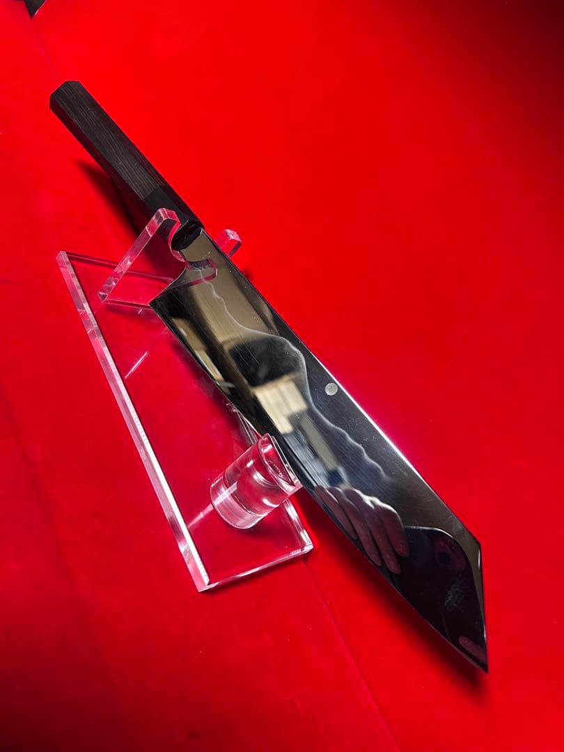 01574 包丁　切付　水本焼　富士山満月浮波　鏡面仕上げ　錆止めフィルム付