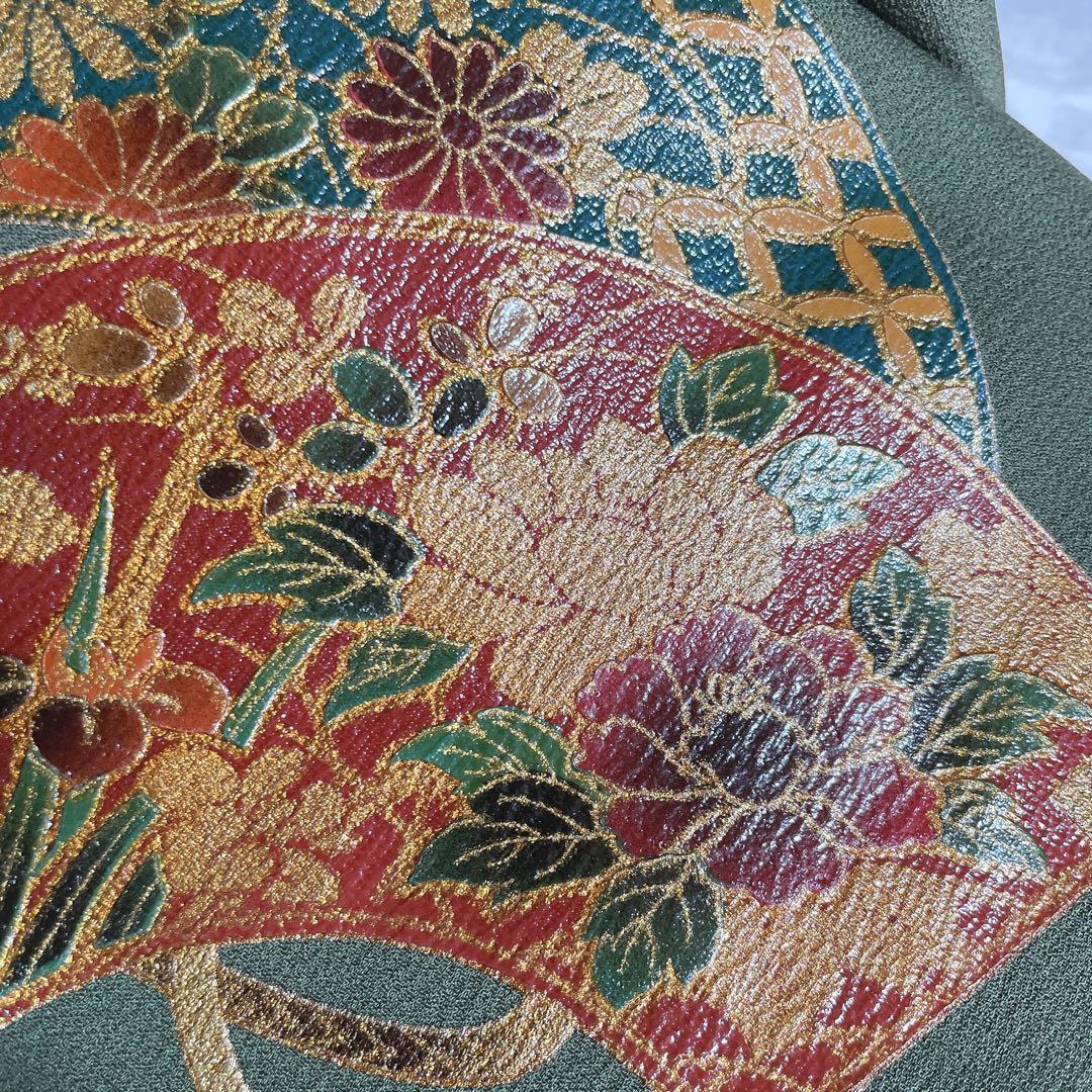 訪問着　フルセット　栞　地紙　紐紋様　エキゾチックカラー　躾糸付き　着物　Q5