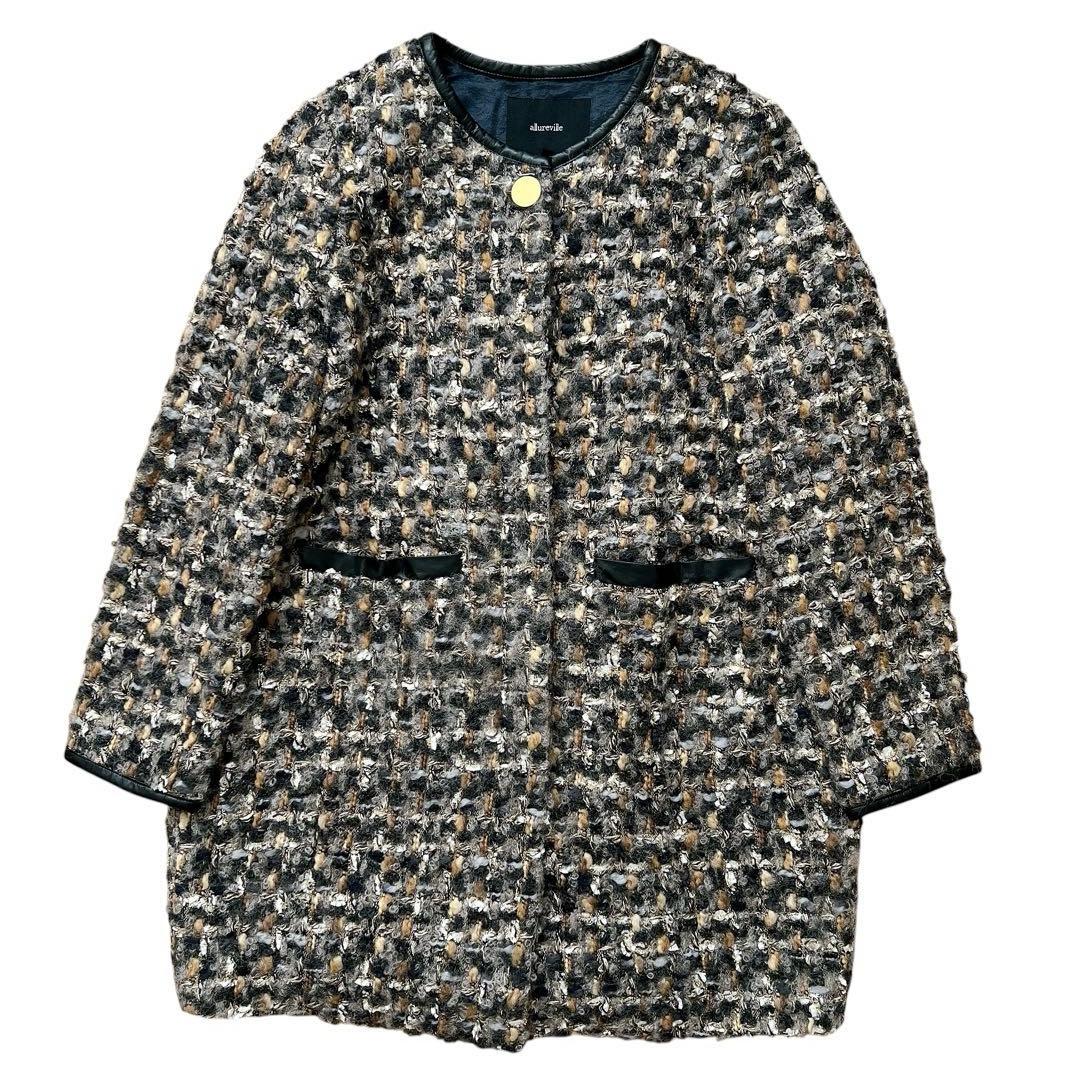 allureville　ツイードノーカラーコート　ジャケット　金ボタン　2
