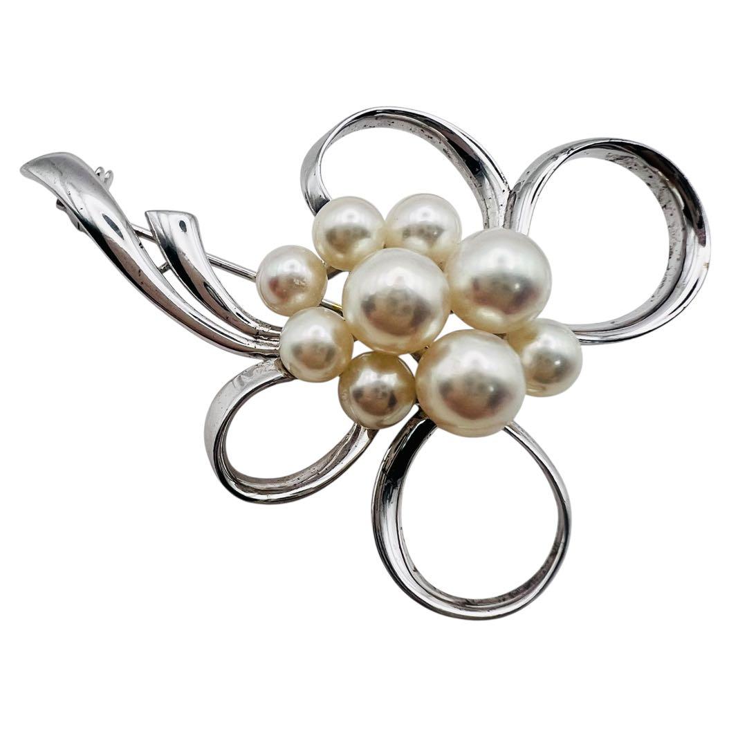 美品　ミキモト　あこやパール　真珠　9粒　シルバー　フラワー　ブローチ
