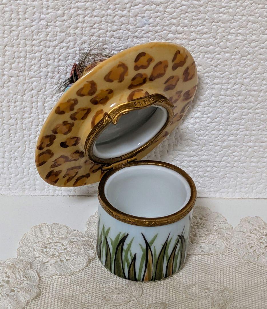 limoges ボックス 小物入れ 豹柄 帽子に羽根飾り ヴィンテージ 磁器