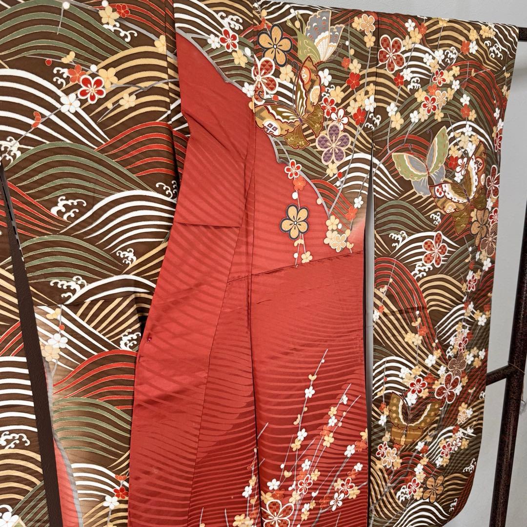 超美品　振袖　現代　振袖　成人式　着物　164裄66.5 茶色　ピンク　蝶々　梅