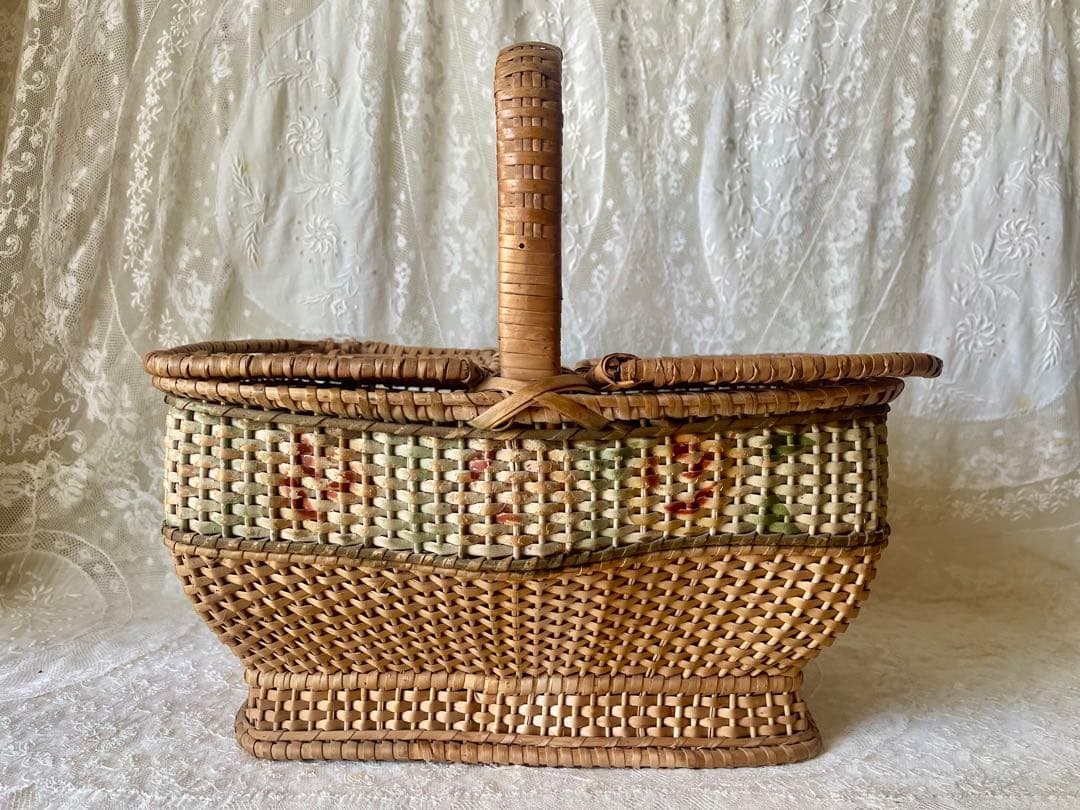 ローズパニエ大　バラペイント蓋付きバスケット　フランスアンティーク　かご　カゴ籠