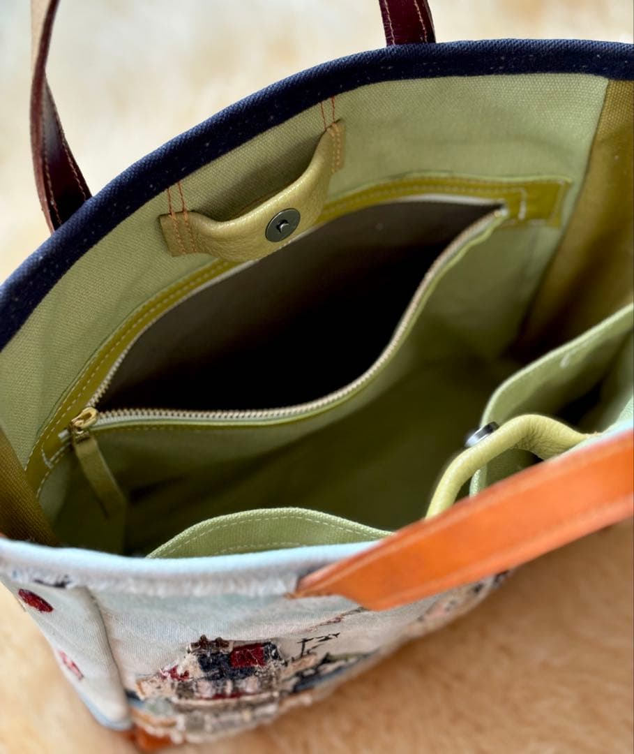 (手づくり)\"海の見える街\"ショルダートートバッグ刺繍アップリケ