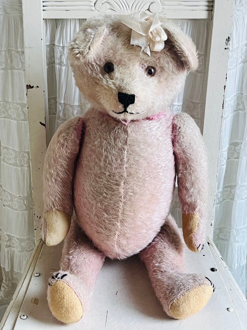 ドイツアンティークビンテージピンクテディベア ぬいぐるみベアビスクドールドレス