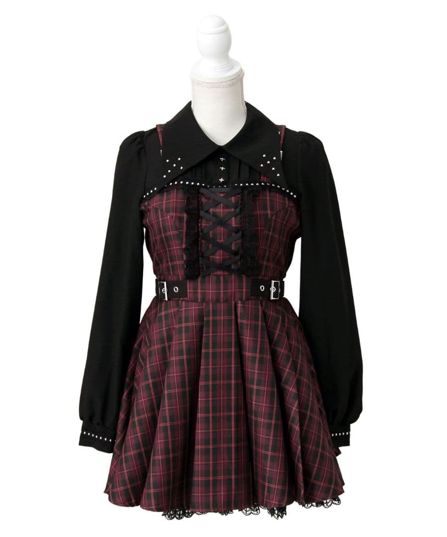 新作★ ディアマイラブ 十字架スタッズジャンスカ風レースアッププリーツワンピース