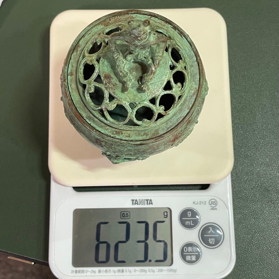 高岡銅器 須賀七郎作 月芳 蝋型鋳銅 香炉 唐子蓋梅文 共箱 証書 栞 時代物