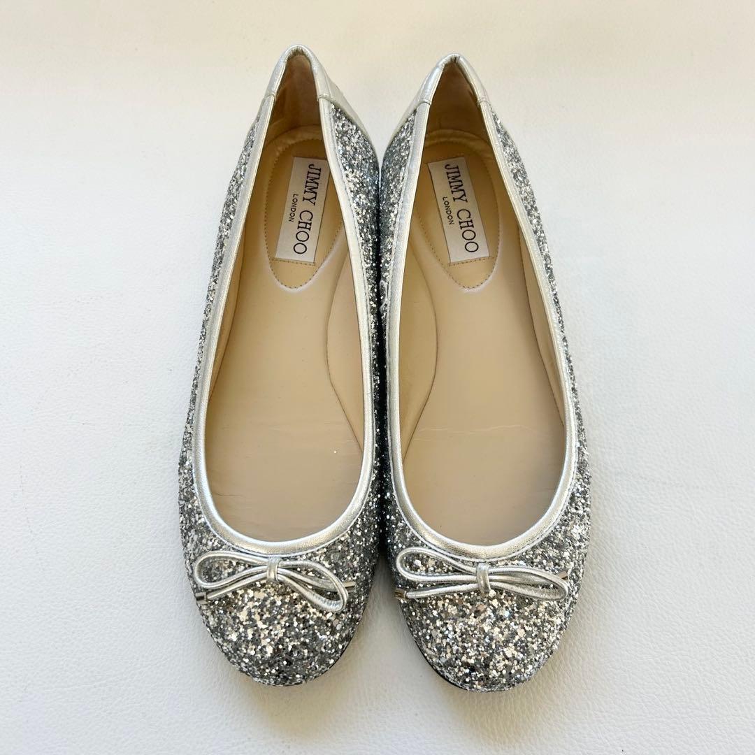 美品✨JIMMY CHOO グリッター フラットシューズ シルバー 37